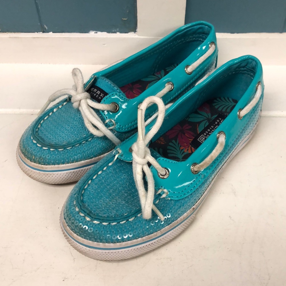 Sperry Top Sider Biscayne 1 Eye Aqua Sparkle Loafer Moccasin boat shoes Girls 11